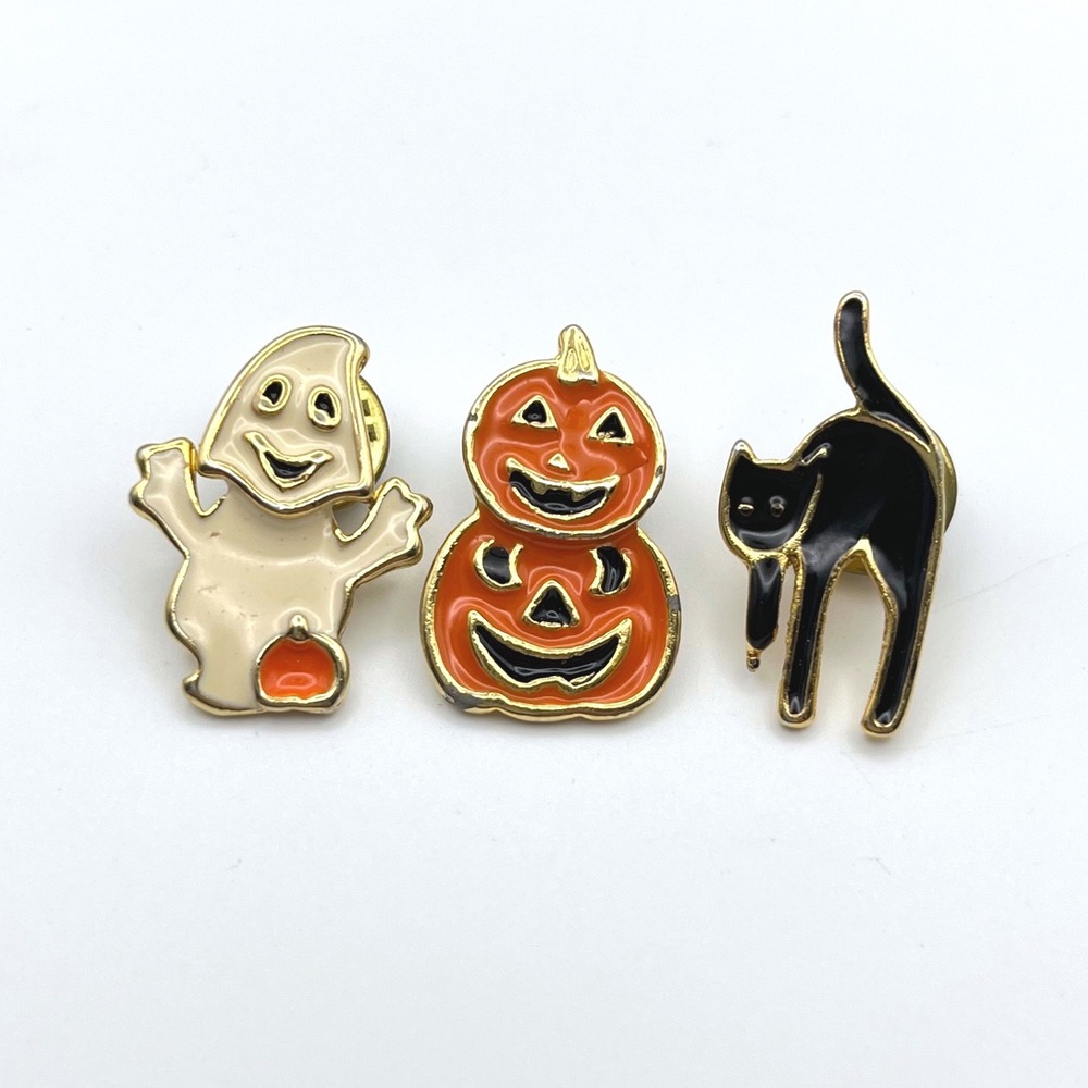 Halloween Enamel Pin Set Ghost Jack-O-Lantern Black Cat Gold Tone 3 Piece Lot